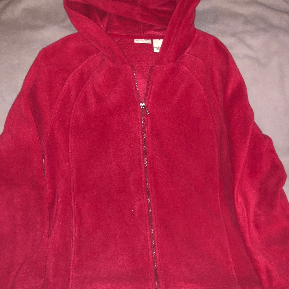 Kim Rogers red fleece hoodie